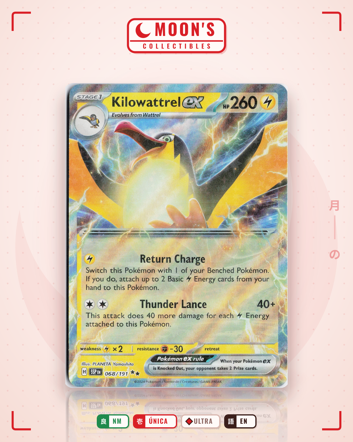 Carta Pokémon Kilowattrel ex · Surging Sparks #068/191 (NM) — pieza única en Moon's Collectibles México