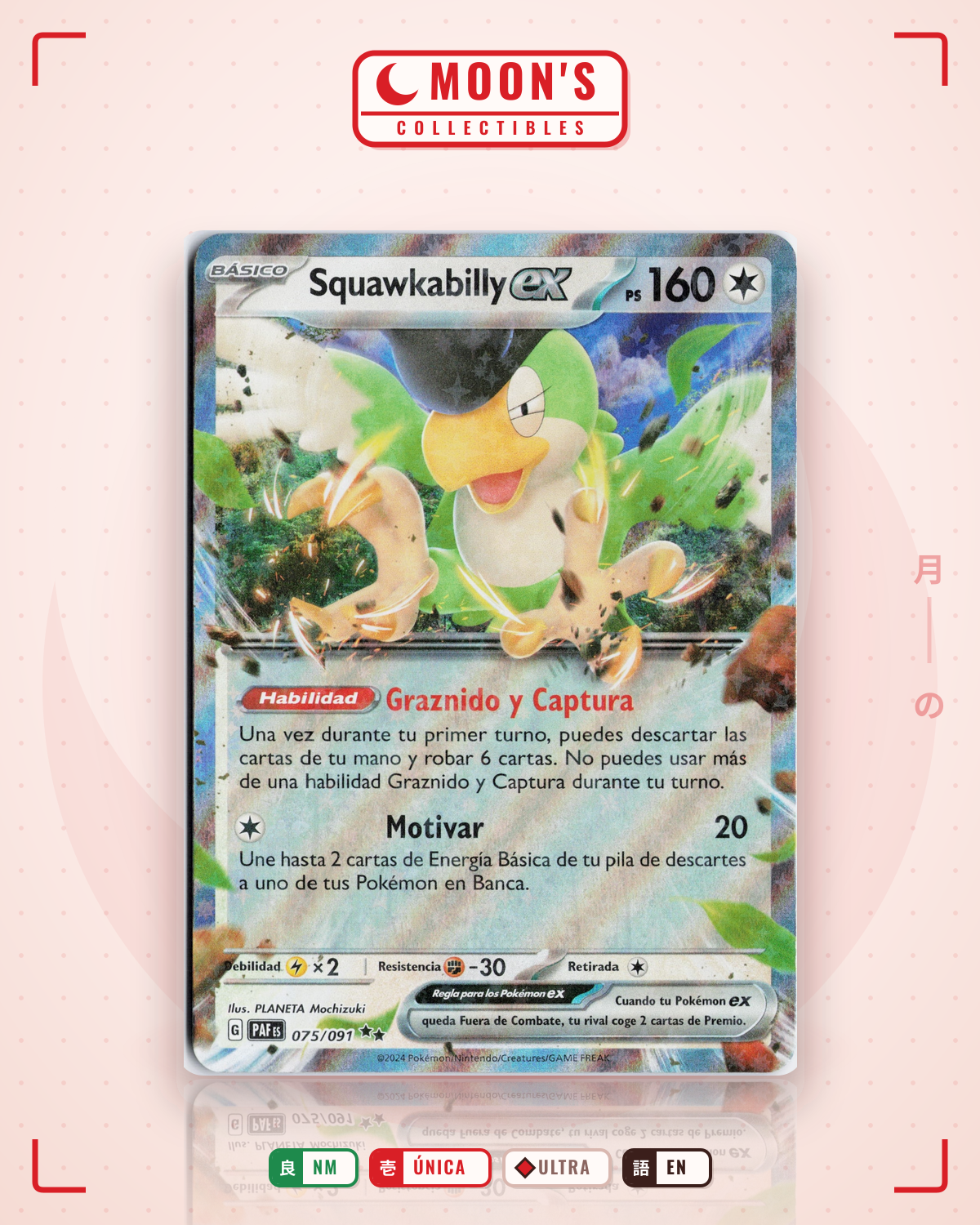 Carta Pokémon Squawkabilly ex · Paldean Fates #075/091 (NM) — pieza única en Moon's Collectibles México