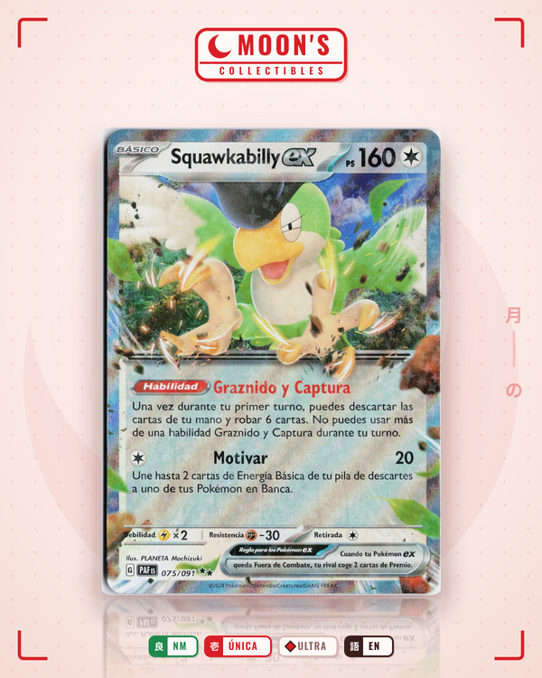 Carta Pokémon Squawkabilly ex · Paldean Fates #075/091 (NM) — pieza única en Moon's Collectibles México
