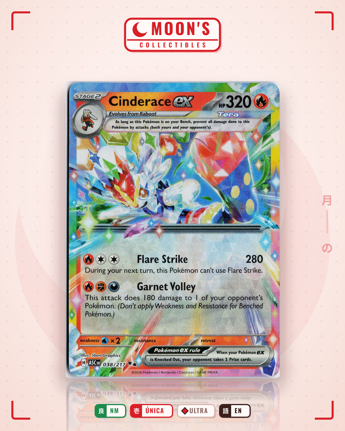 Carta Pokémon Cinderace ex · Ascended Heroes #038/217 (NM) — pieza única en Moon's Collectibles México