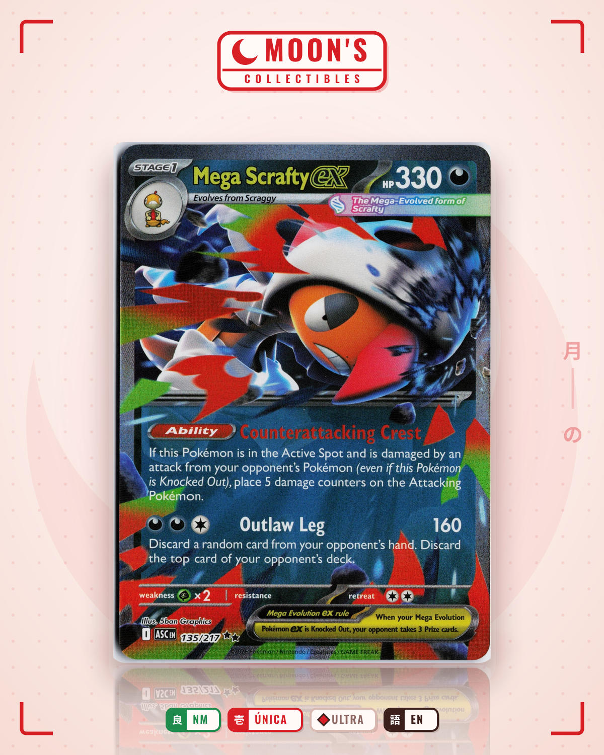 Carta Pokémon Mega Scrafty ex · Ascended Heroes #135/217 (NM) — pieza única en Moon's Collectibles México