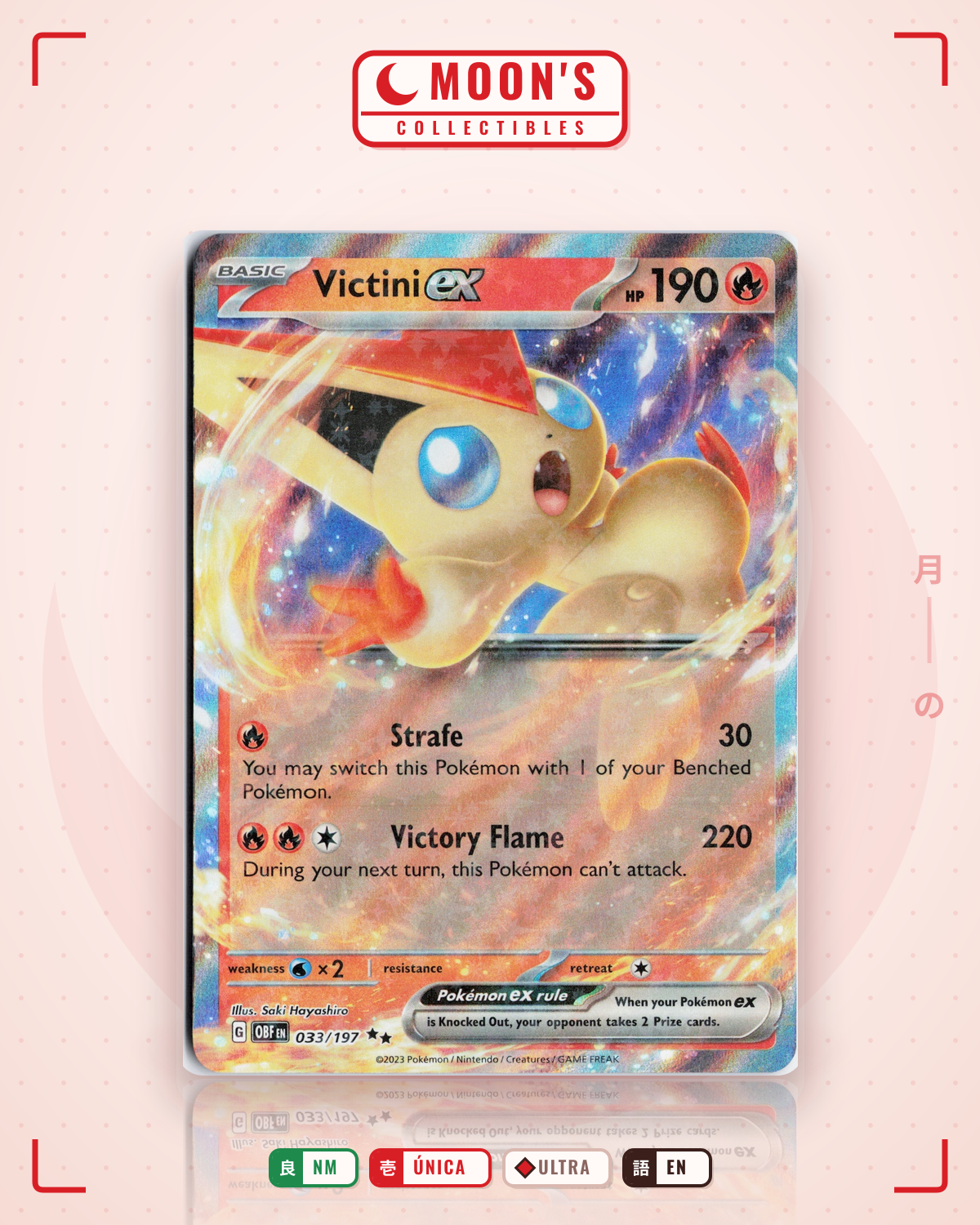 Carta Pokémon Victini ex · Obsidian Flames #033/197 (NM) — pieza única en Moon's Collectibles México