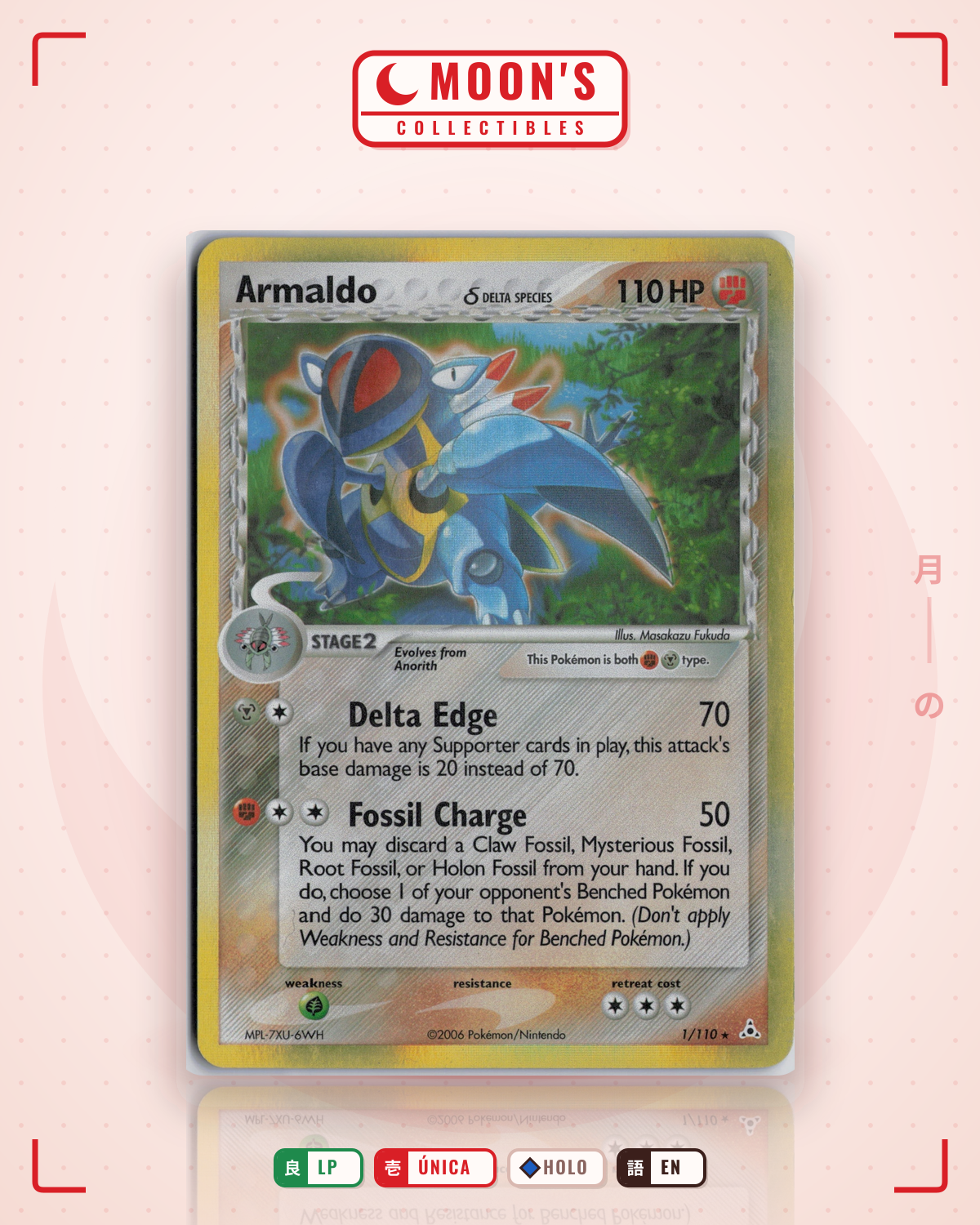 Carta Pokémon Armaldo δ · Holon Phantoms #1/110 (LP) — pieza única en Moon's Collectibles México