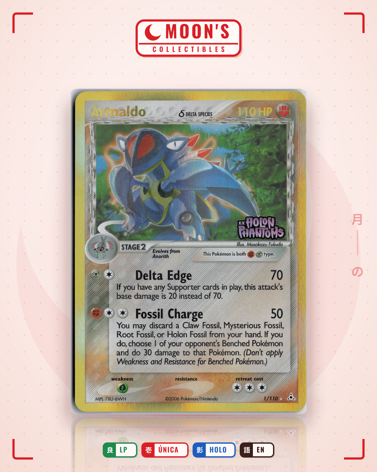 Carta Pokémon Armaldo δ · Holon Phantoms #1/110 (LP) — pieza única en Moon's Collectibles México
