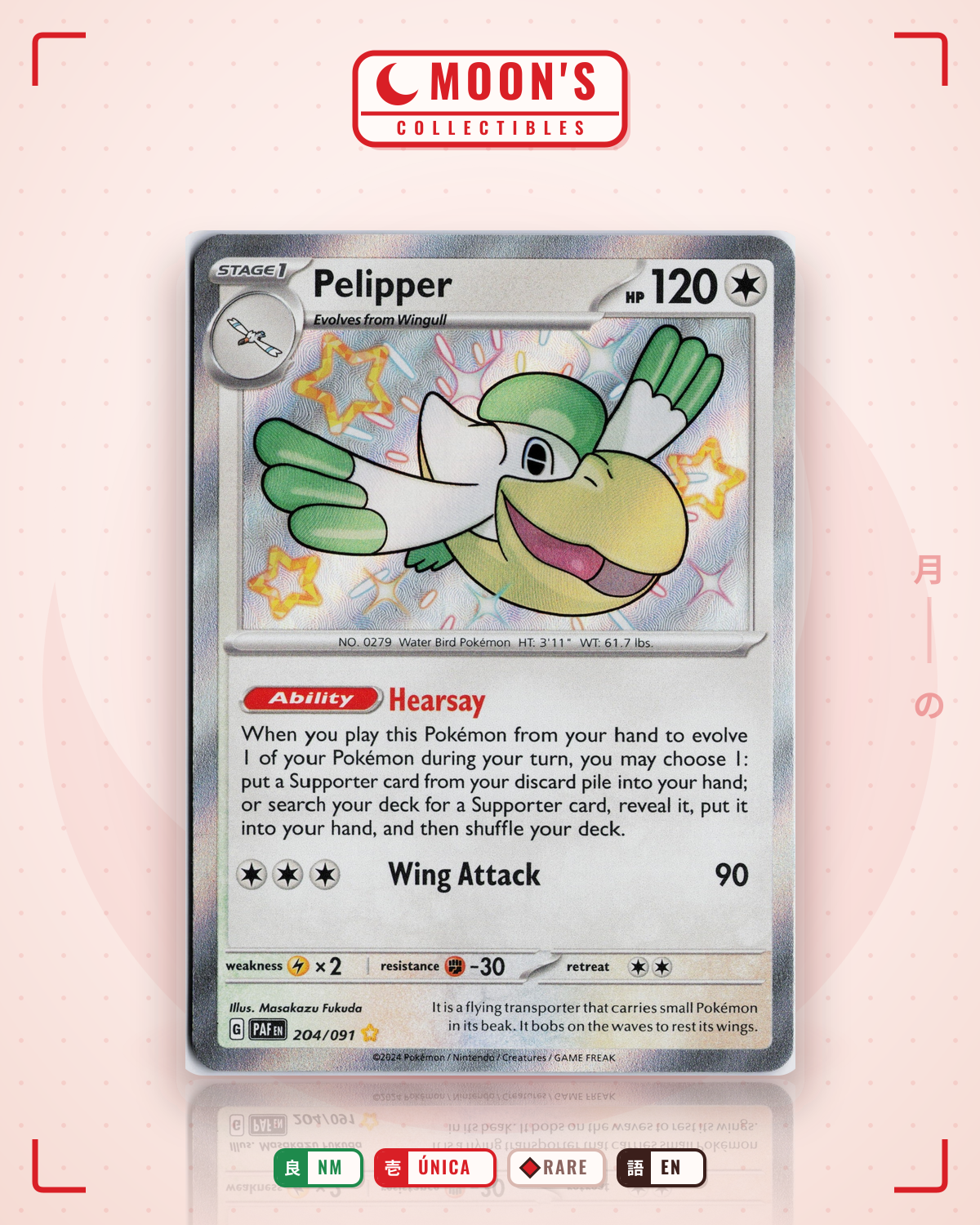 Carta Pokémon Pelipper · Paldean Fates #204/091 (NM) — pieza única en Moon's Collectibles México