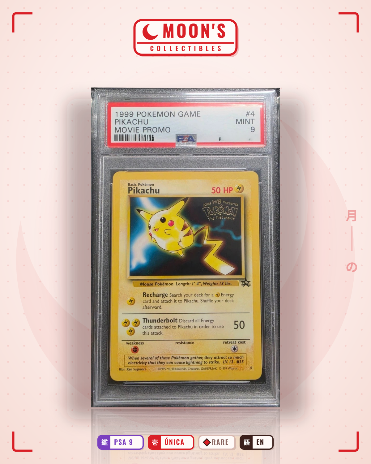Carta Pokémon Pikachu · Wizards Black Star Promos #4 (PSA 9) — pieza única en Moon's Collectibles México