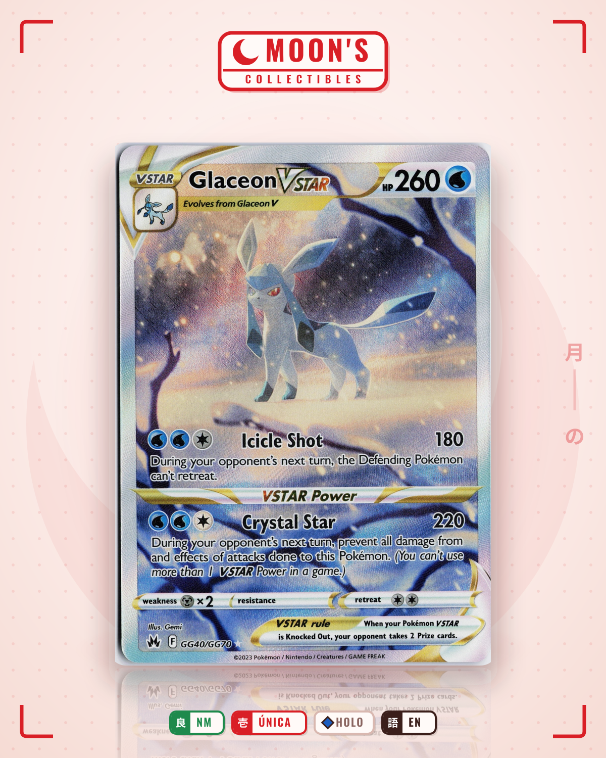 Carta Pokémon Glaceon VSTAR · Crown Zenith Galarian Gallery #GG40/GG70 (NM) — pieza única en Moon's Collectibles México