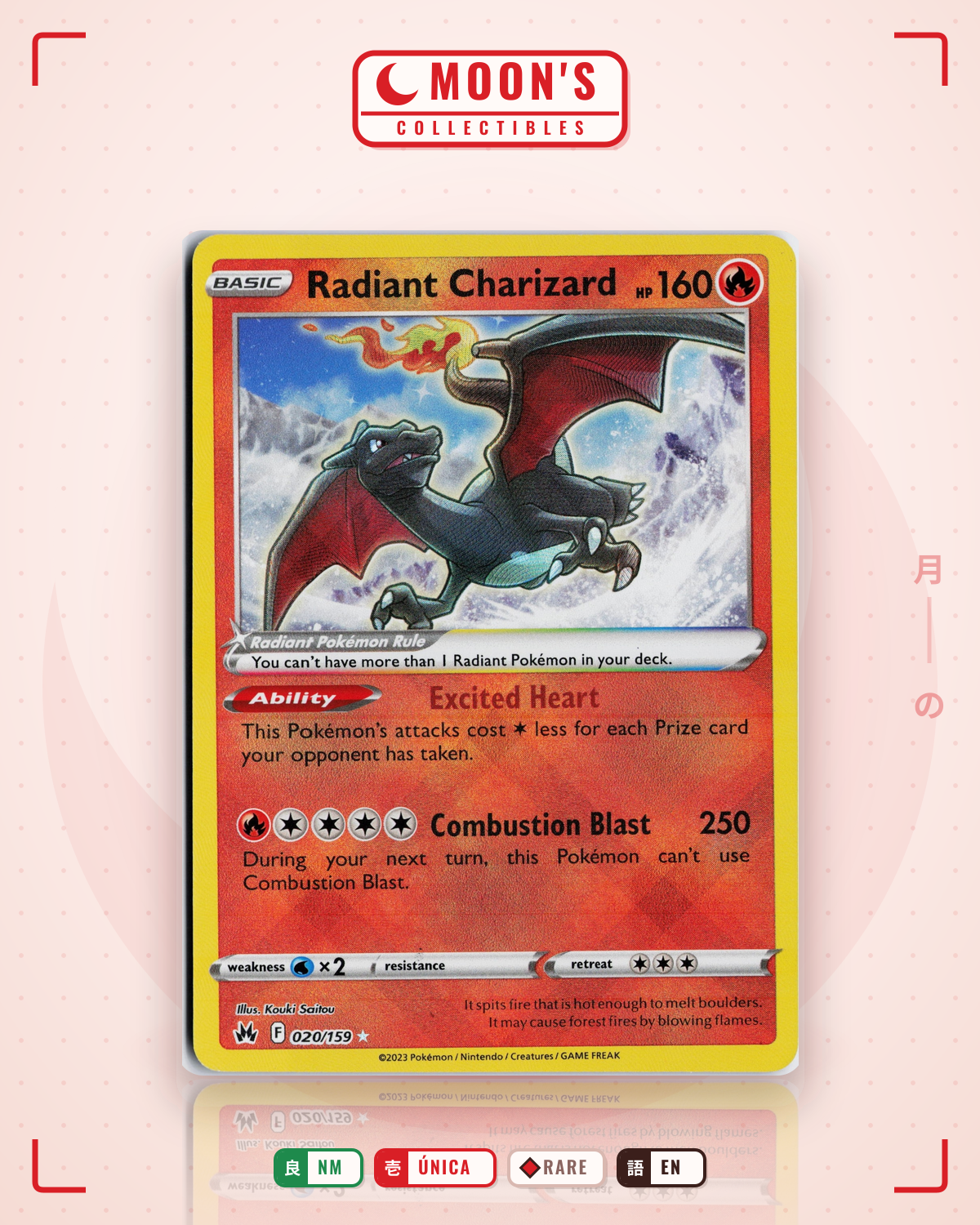 Carta Pokémon Radiant Charizard · Crown Zenith #020/159 (NM) — pieza única en Moon's Collectibles México