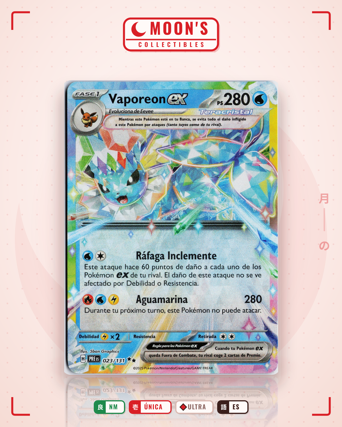 Carta Pokémon Vaporeon ex · Prismatic Evolutions #023/131 (NM) — pieza única en Moon's Collectibles México
