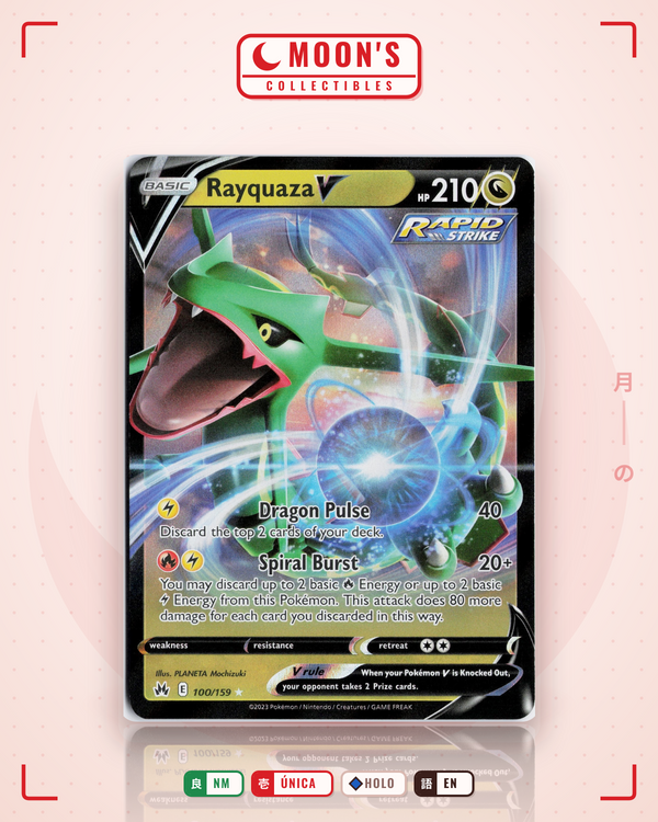 Carta Pokémon Rayquaza V · Crown Zenith #100/159 (NM) — pieza única en Moon's Collectibles México