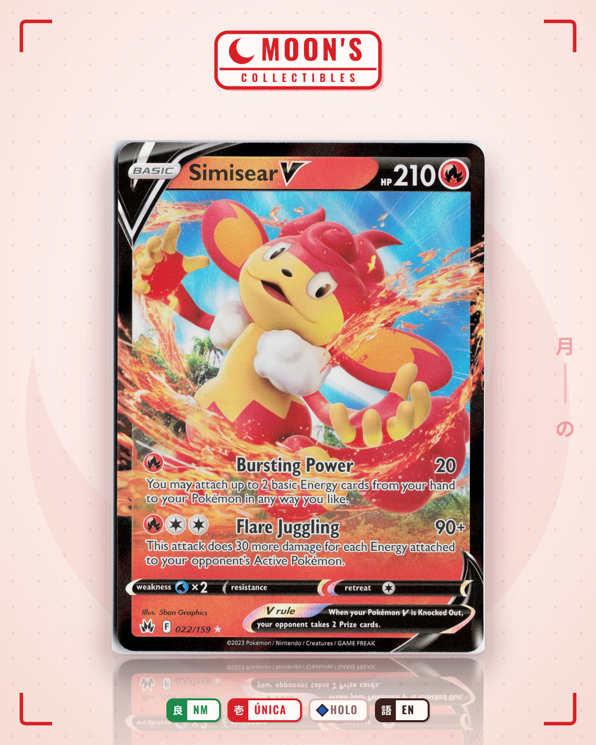 Carta Pokémon Simisear V · Crown Zenith #022/159 (NM) — pieza única en Moon's Collectibles México