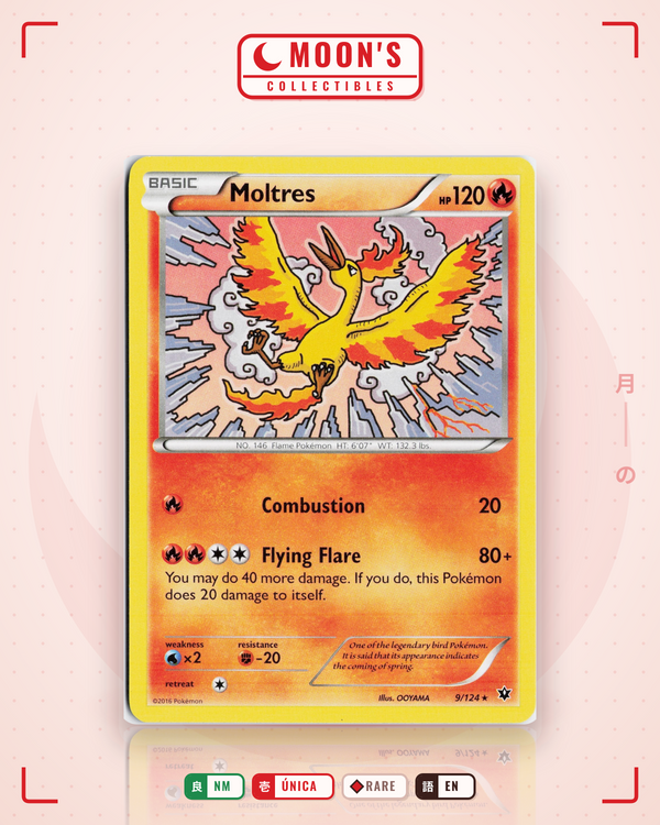 Carta Pokémon Moltres · Fates Collide #9/124 (NM) — pieza única en Moon's Collectibles México