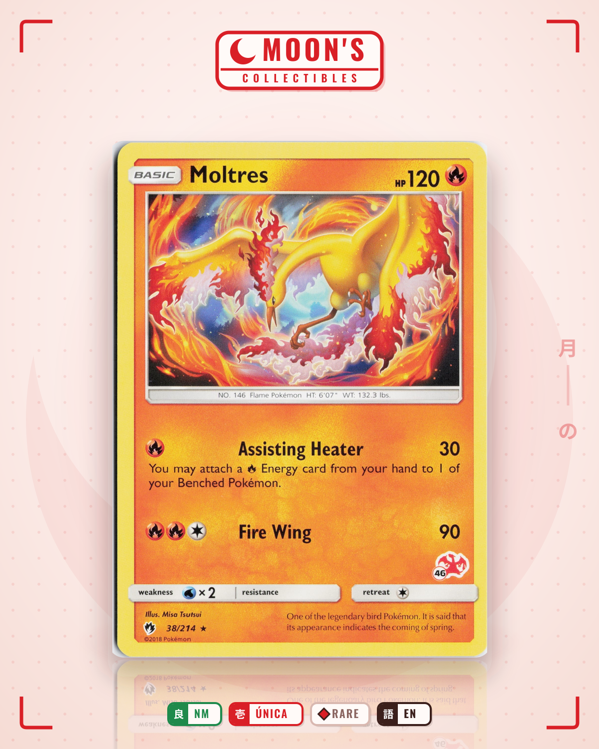 Carta Pokémon Moltres · Lost Thunder #38/214 (NM) — pieza única en Moon's Collectibles México