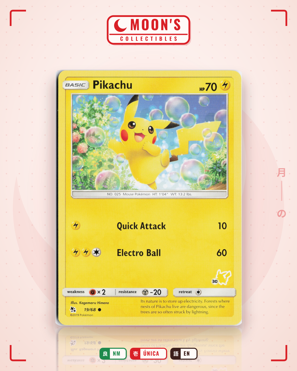Carta Pokémon Pikachu · Hidden Fates #19/68 (NM) — pieza única en Moon's Collectibles México