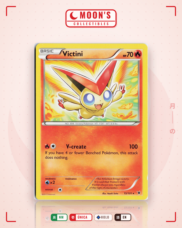 Carta Pokémon Victini · Noble Victories #15/101 (NM) — pieza única en Moon's Collectibles México