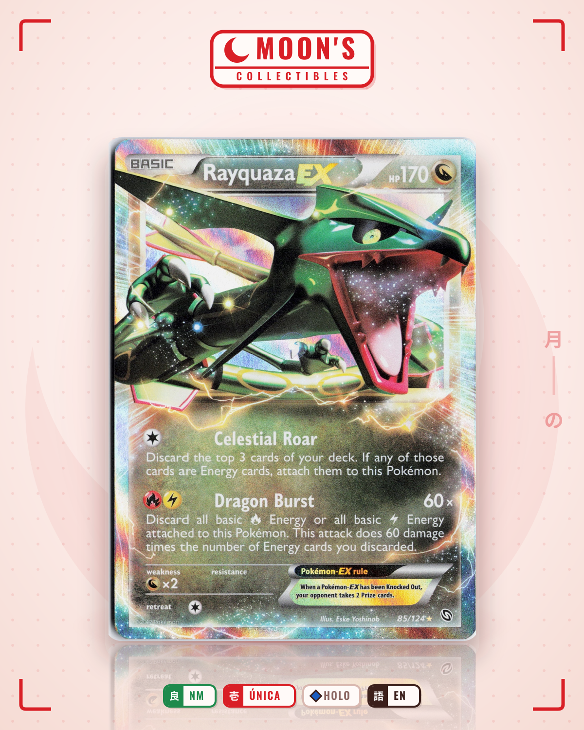 Carta Pokémon Rayquaza-EX · Dragons Exalted #85/124 (NM) — pieza única en Moon's Collectibles México