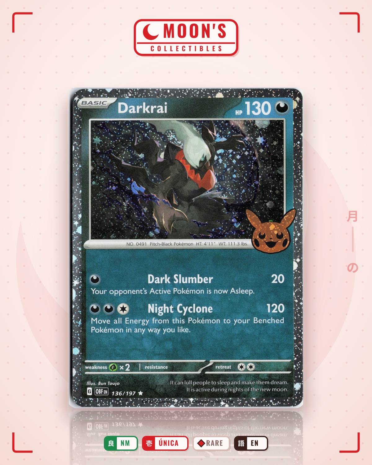 Carta Pokémon Darkrai · Obsidian Flames #136/197 (NM) — pieza única en Moon's Collectibles México
