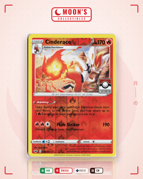 Carta Pokémon Cinderace · Sword & Shield #034/202 (NM) — pieza única en Moon's Collectibles México