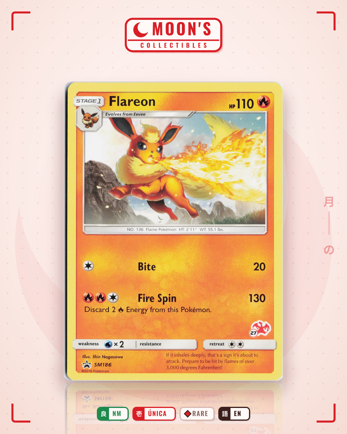 Carta Pokémon Flareon · SM Black Star Promos #SM186 (NM) — pieza única en Moon's Collectibles México