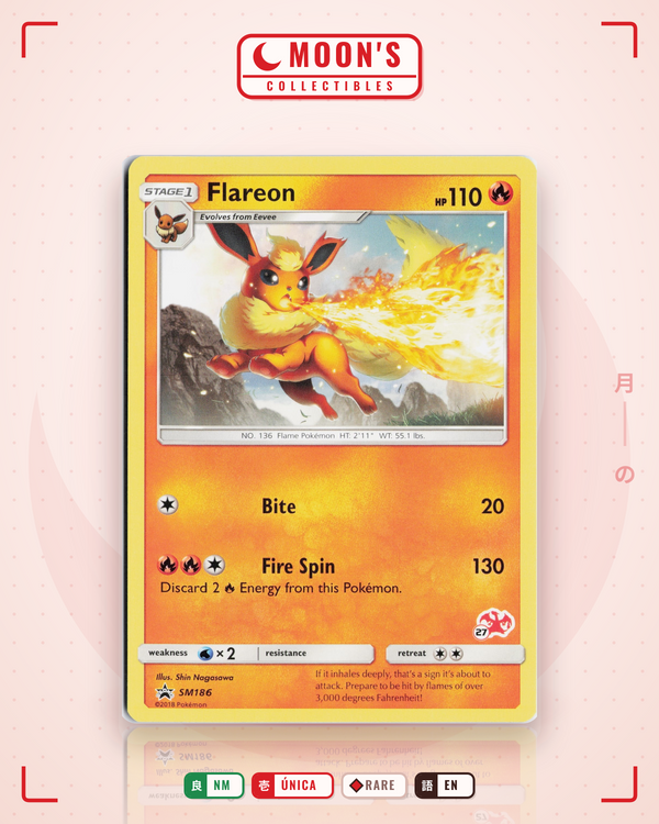 Carta Pokémon Flareon · SM Black Star Promos #SM186 (NM) — pieza única en Moon's Collectibles México