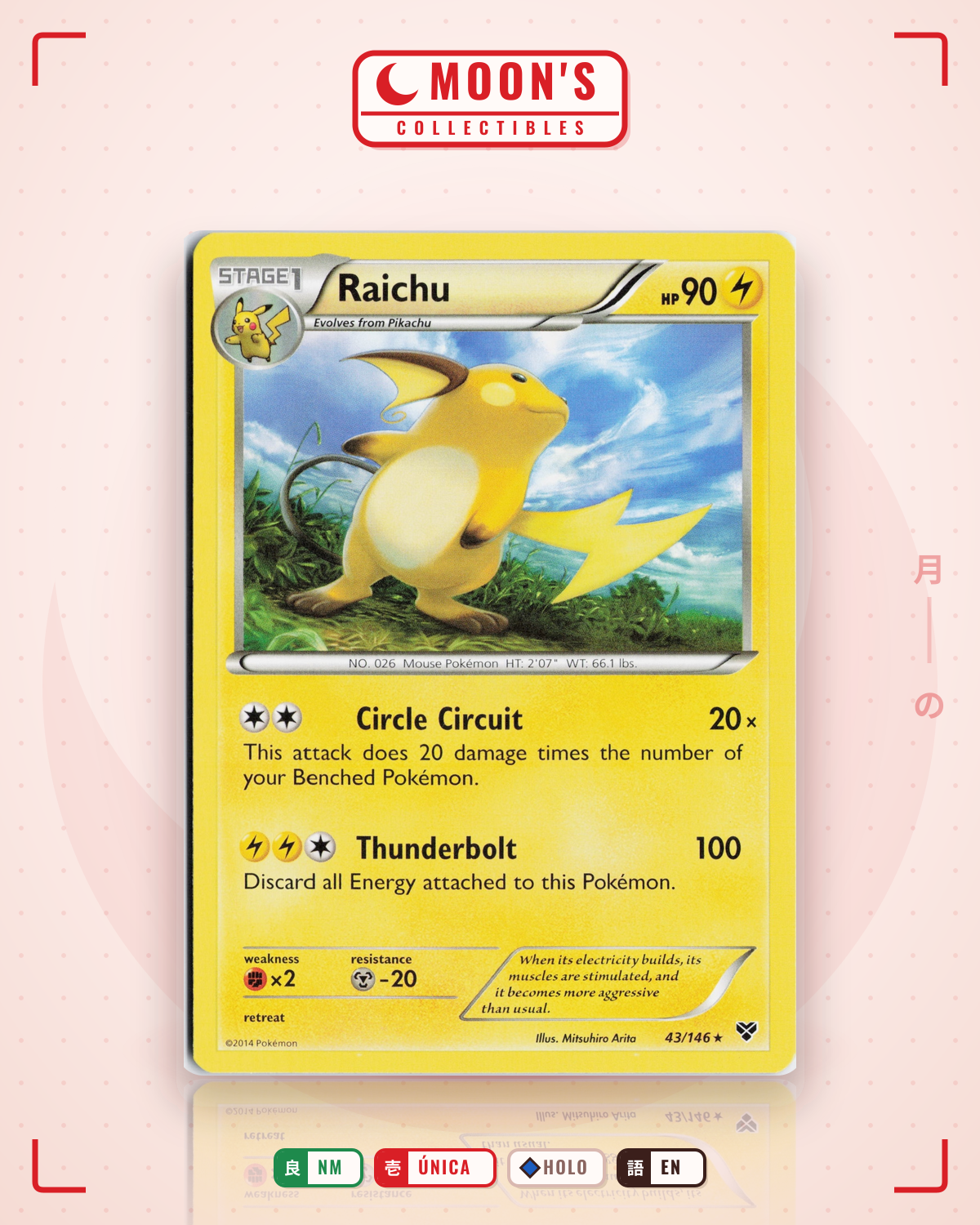 Carta Pokémon Raichu · XY #43/146 (NM) — pieza única en Moon's Collectibles México