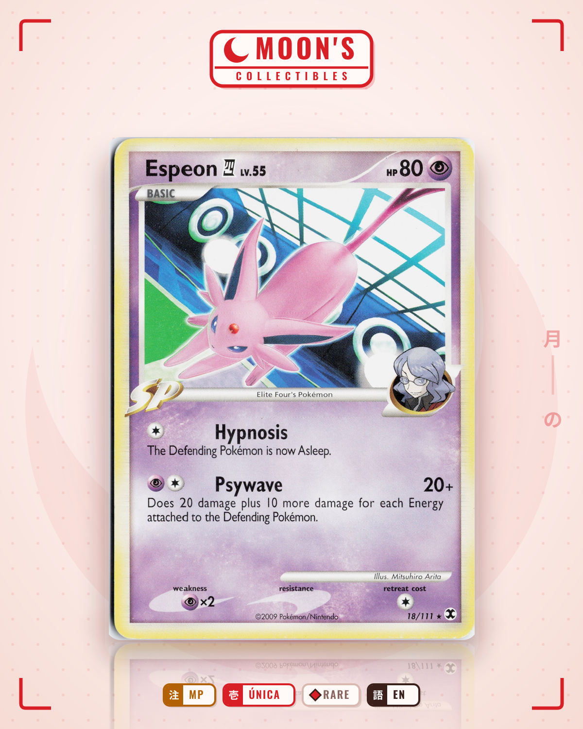 Carta Pokémon Espeon E4 · Rising Rivals #18/111 (MP) — pieza única en Moon's Collectibles México
