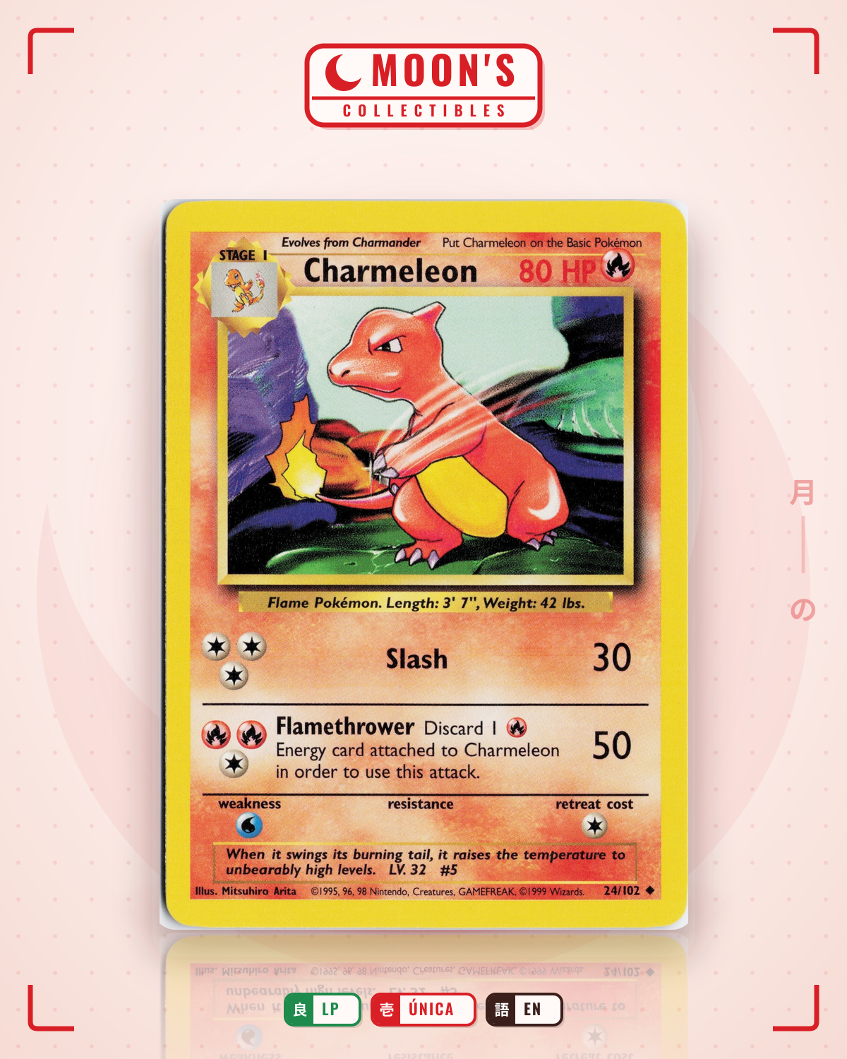 Carta Pokémon Charmeleon · Base #24/102 (LP) — pieza única en Moon's Collectibles México