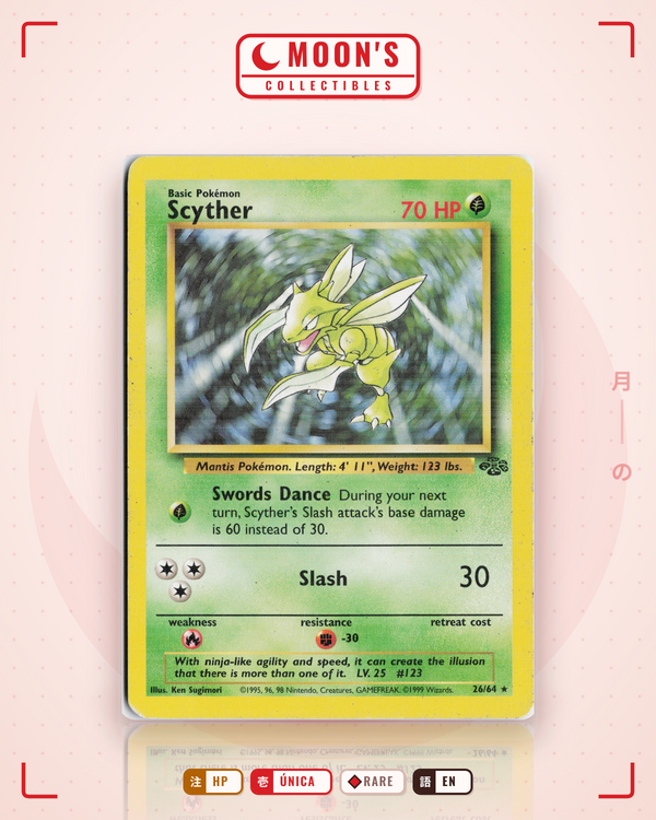 Carta Pokémon Scyther · Jungle #26/64 (HP) — pieza única en Moon's Collectibles México