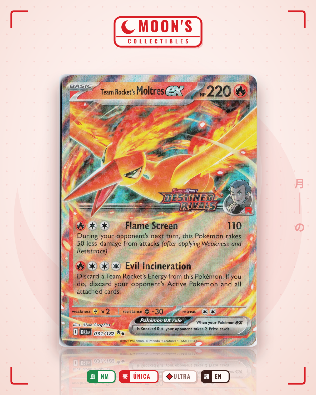 Carta Pokémon Team Rocket's Moltres ex · Destined Rivals #031/182 (NM) — pieza única en Moon's Collectibles México