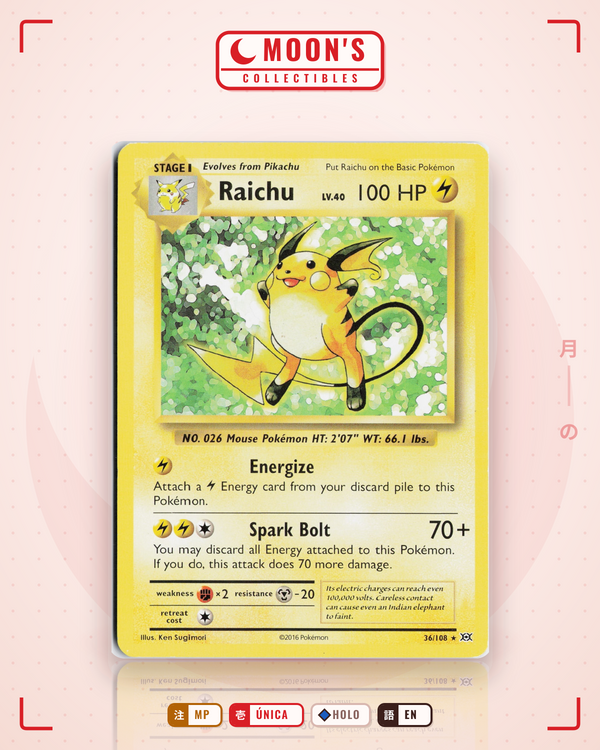 Carta Pokémon Raichu · Evolutions #36/108 (MP) — pieza única en Moon's Collectibles México