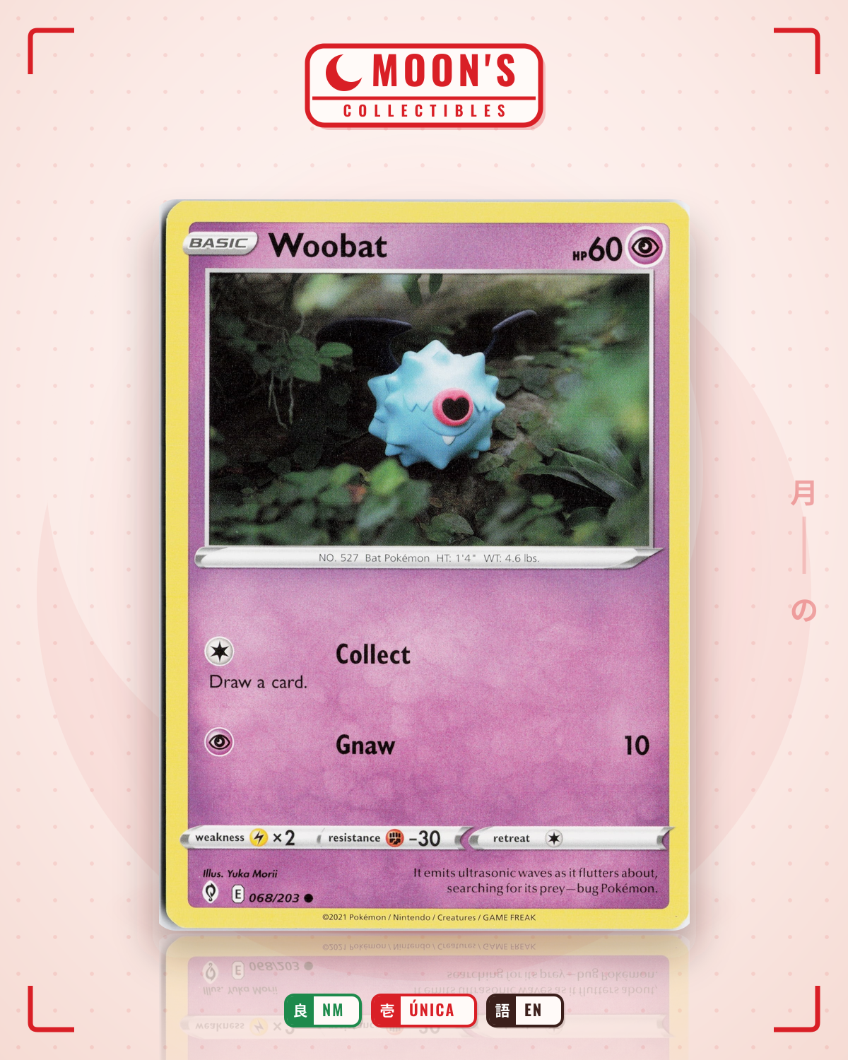 Carta Pokémon Woobat · Evolving Skies #068/203 (NM) — pieza única en Moon's Collectibles México