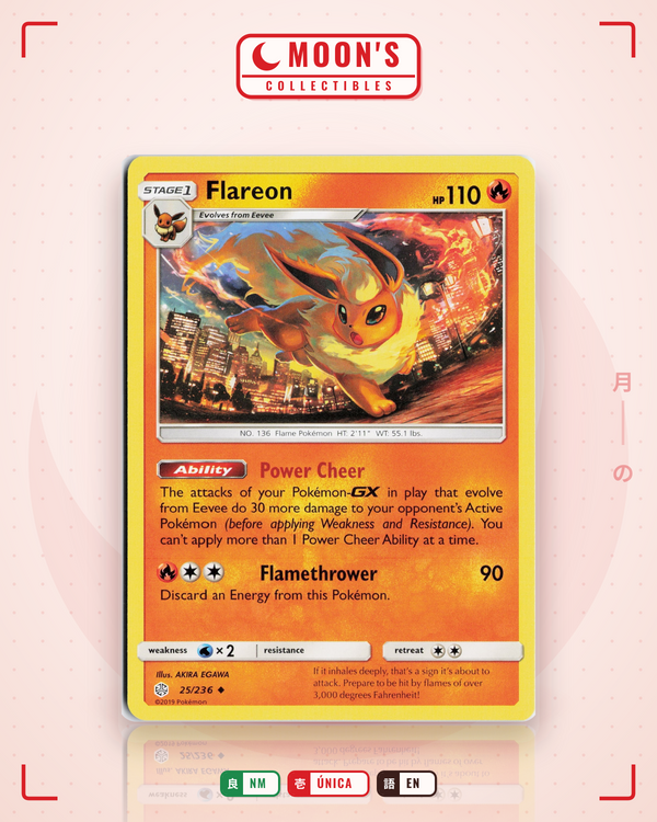 Carta Pokémon Flareon · Cosmic Eclipse #25/236 (NM) — pieza única en Moon's Collectibles México