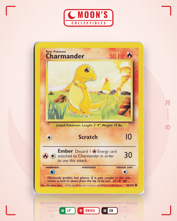Carta Pokémon Charmander · Base #46/102 (LP) — pieza única en Moon's Collectibles México