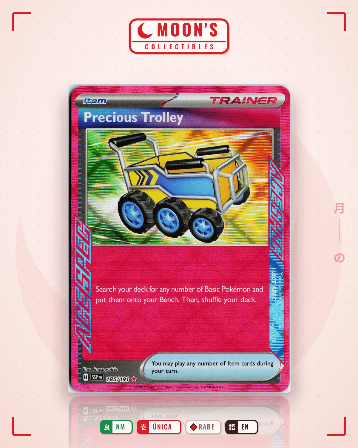 Carta Pokémon Precious Trolley · Surging Sparks #185/191 (NM) — pieza única en Moon's Collectibles México