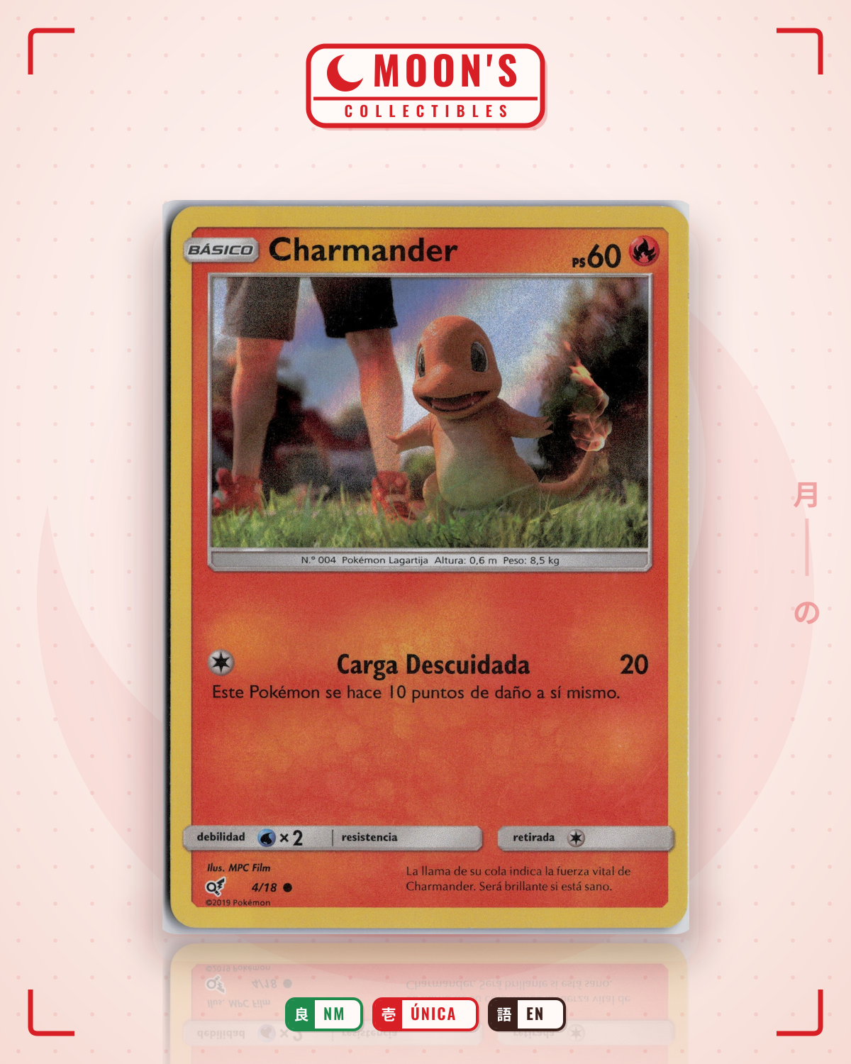 Carta Pokémon Charmander · Detective Pikachu #4/18 (NM) — pieza única en Moon's Collectibles México