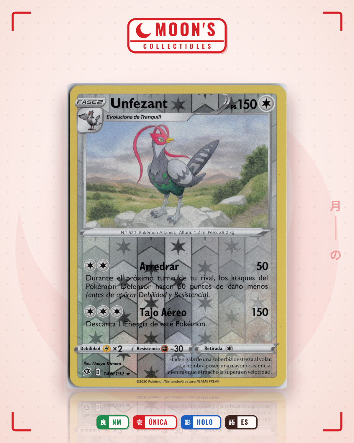 Carta Pokémon Unfezant · Rebel Clash #145/192 (NM) — pieza única en Moon's Collectibles México