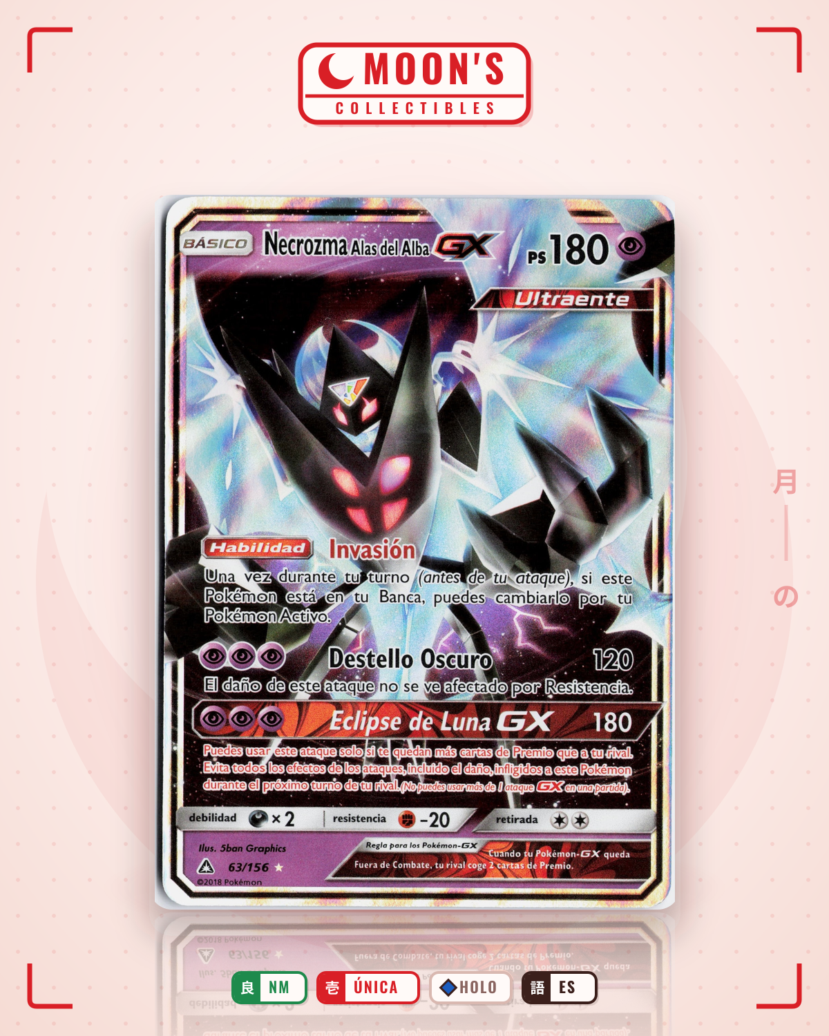 Carta Pokémon Dawn Wings Necrozma-GX · Ultra Prism #63/156 (NM) — pieza única en Moon's Collectibles México