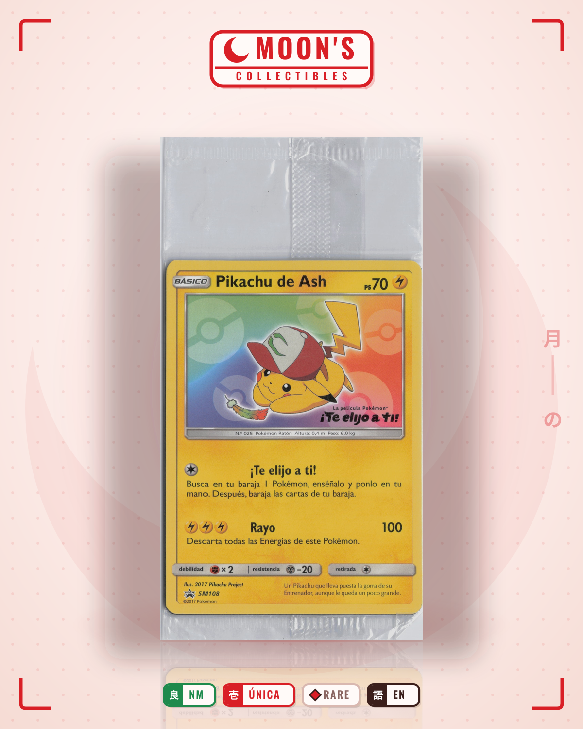 Carta Pokémon Ash's Pikachu · SM Black Star Promos #SM108 (NM) — pieza única en Moon's Collectibles México