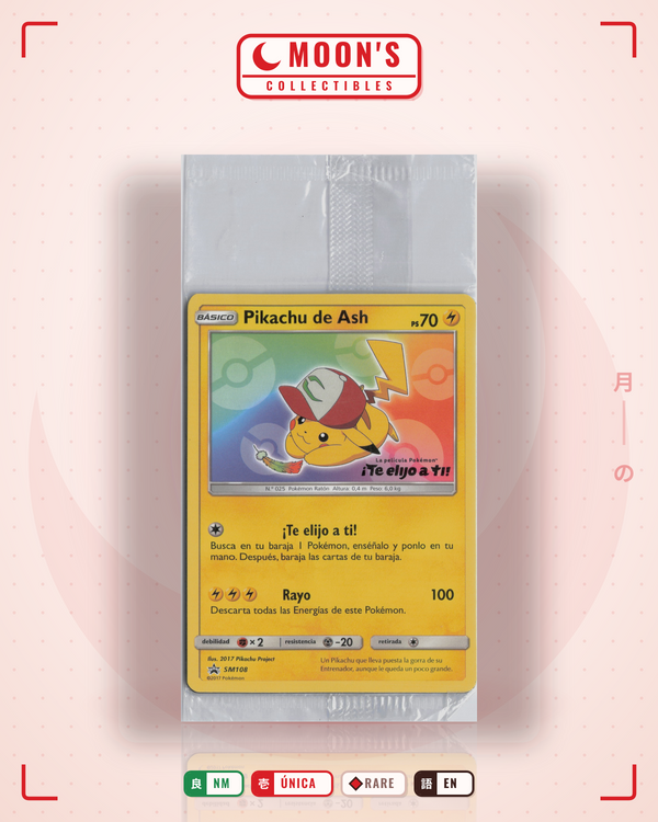 Carta Pokémon Ash's Pikachu · SM Black Star Promos #SM108 (NM) — pieza única en Moon's Collectibles México