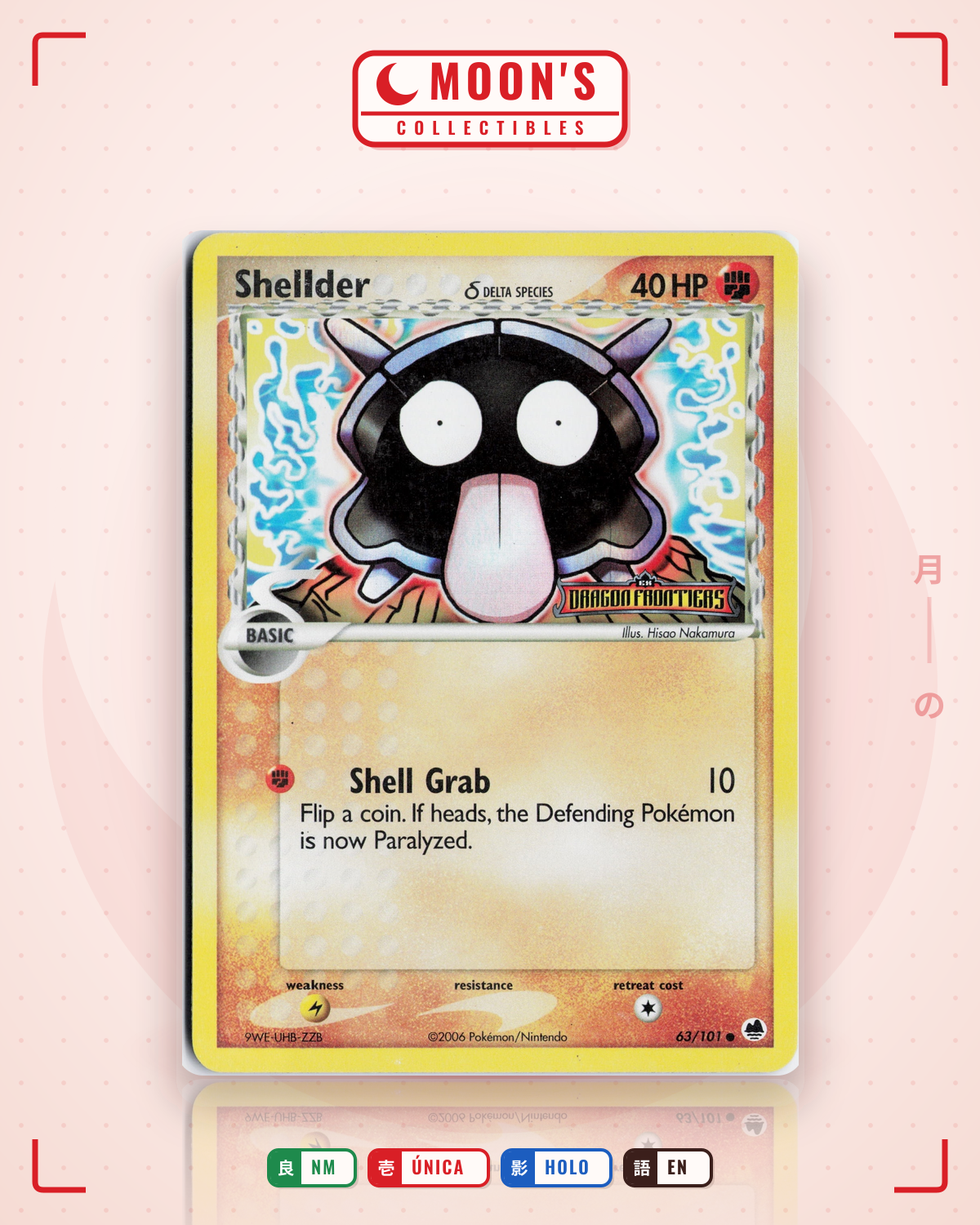 Carta Pokémon Shellder δ · Dragon Frontiers #63/101 (NM) — pieza única en Moon's Collectibles México