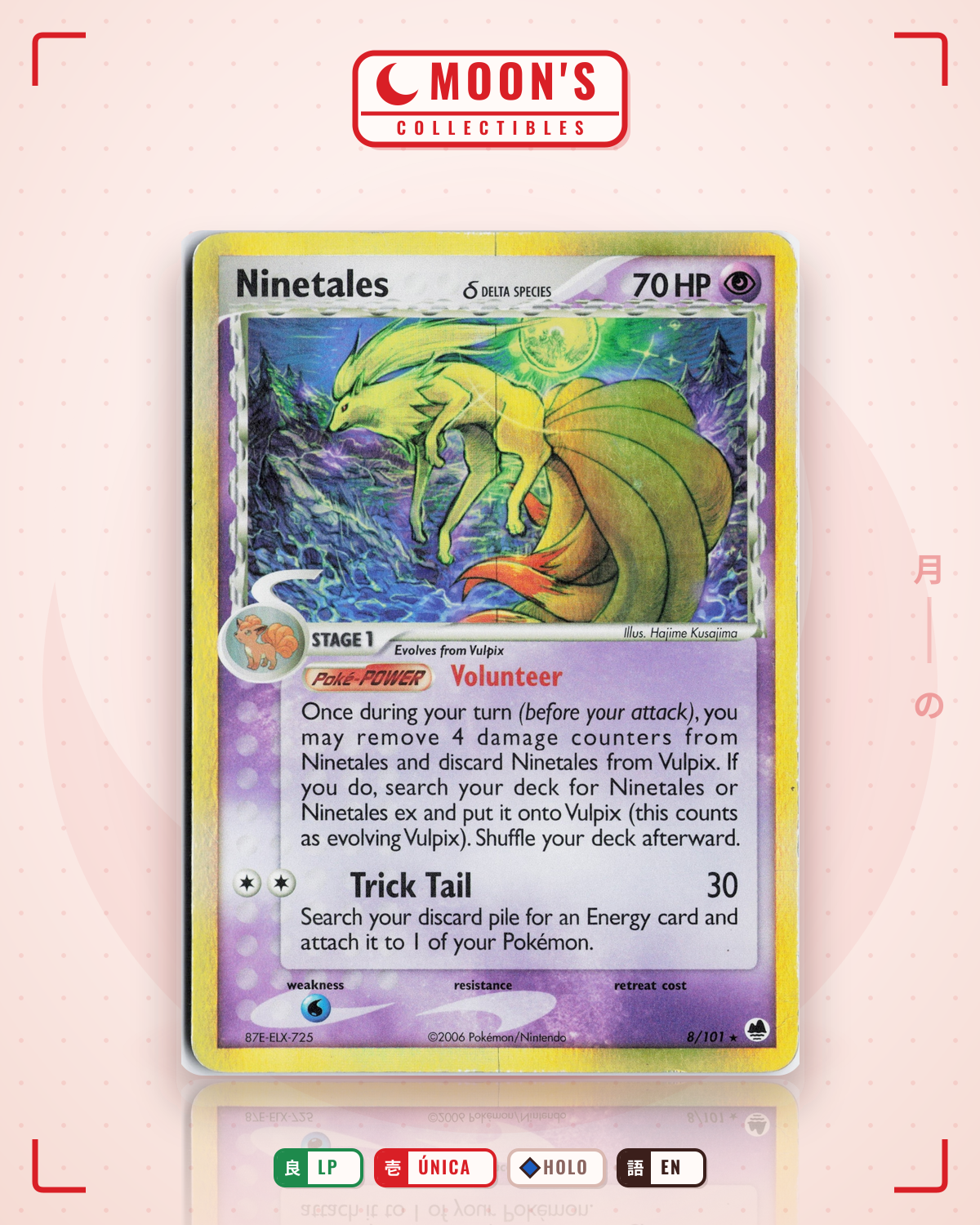 Carta Pokémon Ninetales δ · Dragon Frontiers #8/101 (LP) — pieza única en Moon's Collectibles México