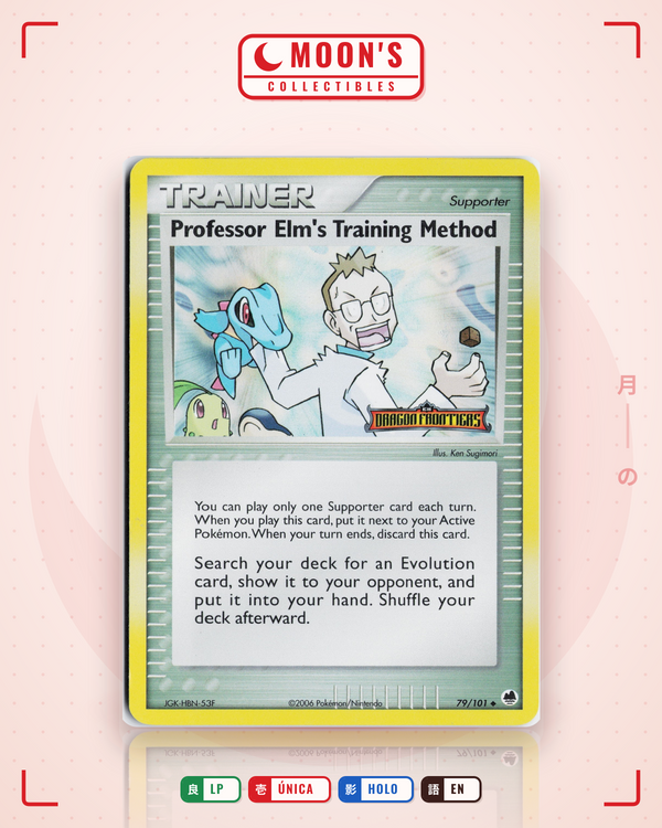 Carta Pokémon Professor Elm's Training Method · Dragon Frontiers #79/101 (LP) — pieza única en Moon's Collectibles México