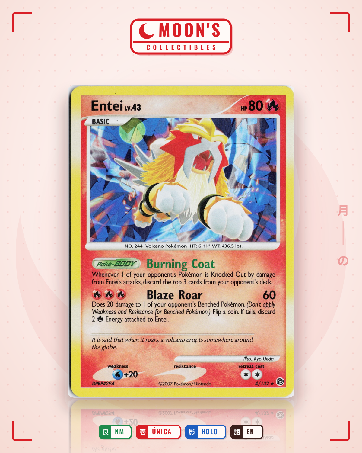 Carta Pokémon Entei · Secret Wonders #4/132 (NM) — pieza única en Moon's Collectibles México