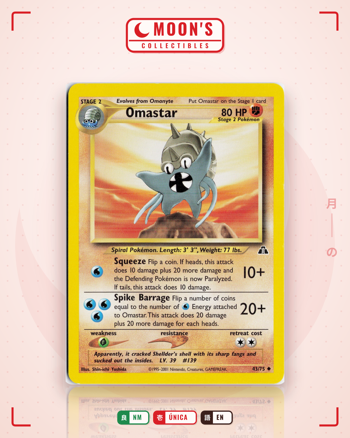 Carta Pokémon Omastar · Neo Discovery #43/75 (NM) — pieza única en Moon's Collectibles México
