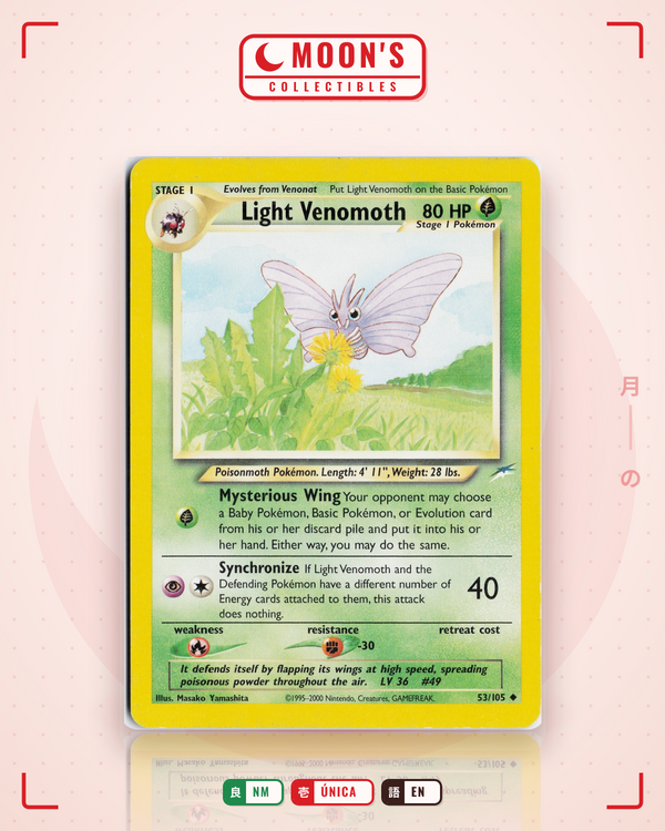 Carta Pokémon Light Venomoth · Neo Destiny #53/105 (NM) — pieza única en Moon's Collectibles México