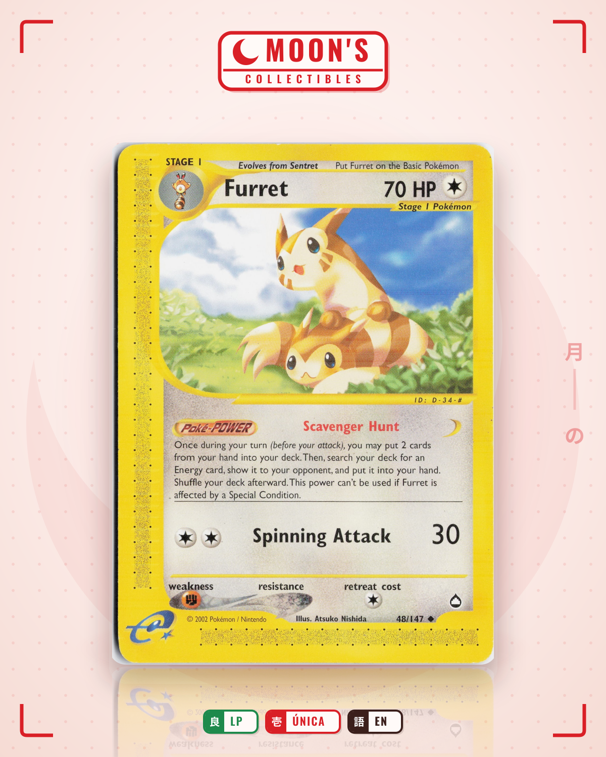 Carta Pokémon Furret · Aquapolis #48/147 (LP) — pieza única en Moon's Collectibles México