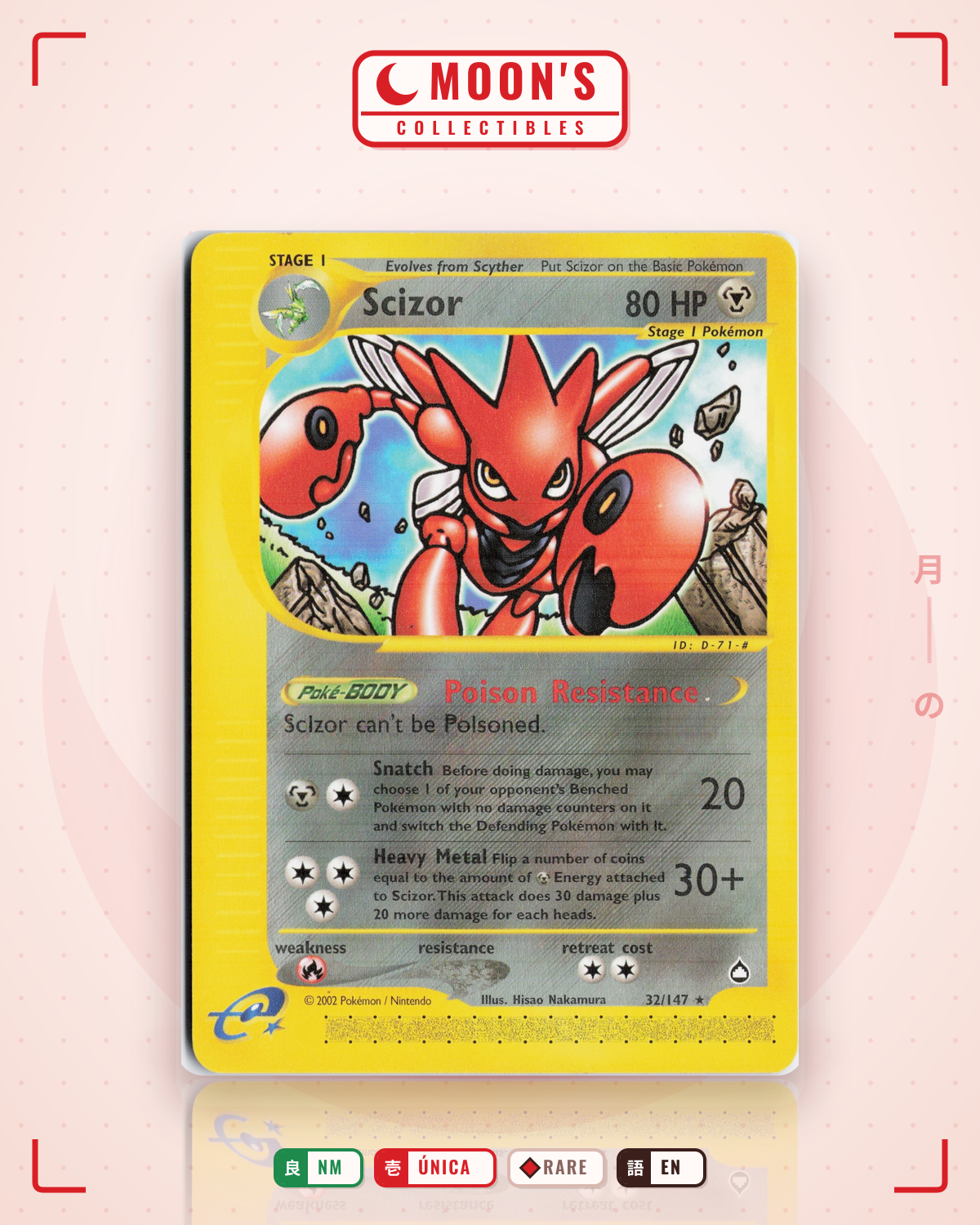 Carta Pokémon Scizor · Aquapolis #32/147 (NM) — pieza única en Moon's Collectibles México