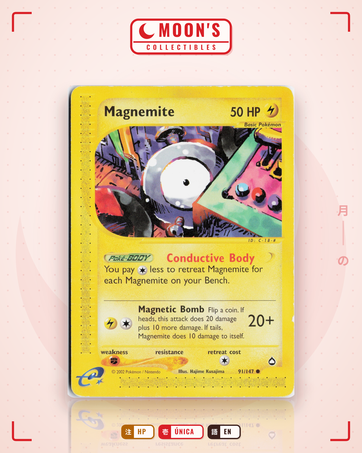 Carta Pokémon Magnemite · Aquapolis #91/147 (HP) — pieza única en Moon's Collectibles México