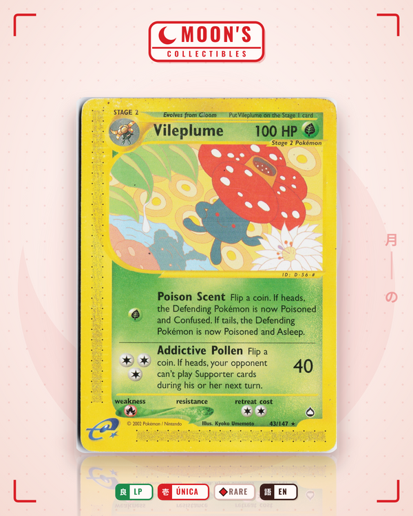 Carta Pokémon Vileplume · Aquapolis #43/147 (LP) — pieza única en Moon's Collectibles México