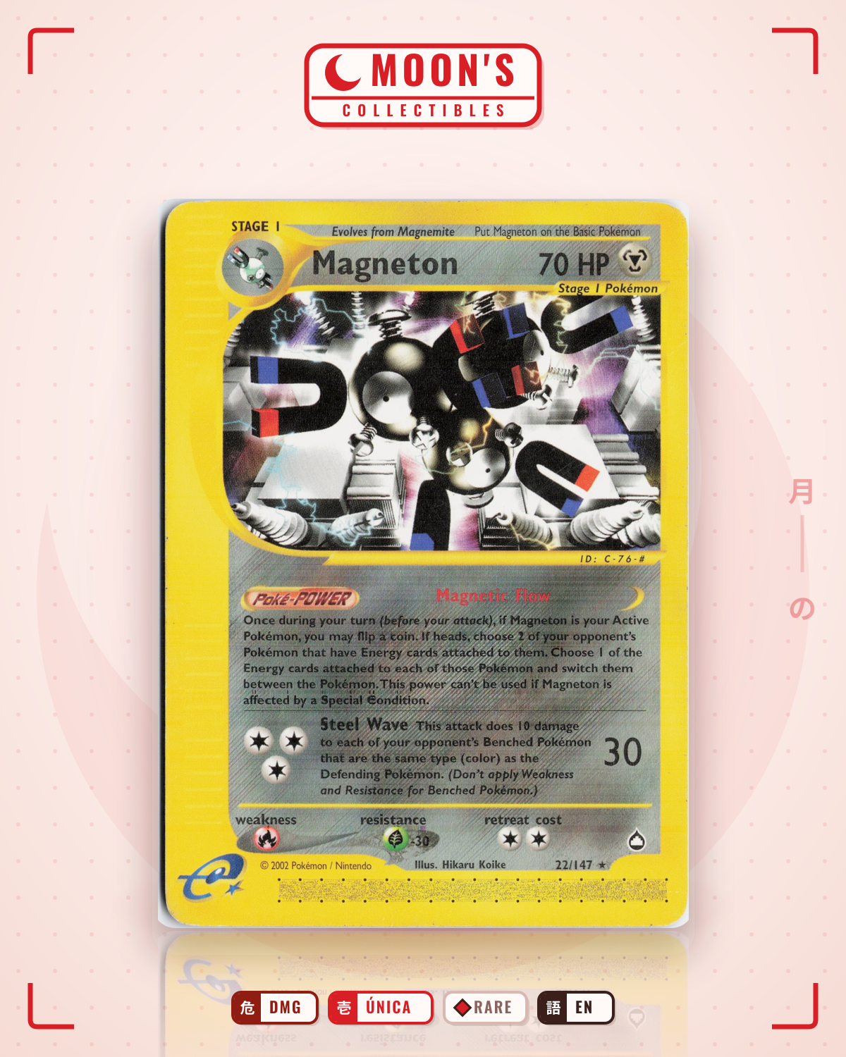 Carta Pokémon Magneton · Aquapolis #22/147 (DMG) — pieza única en Moon's Collectibles México